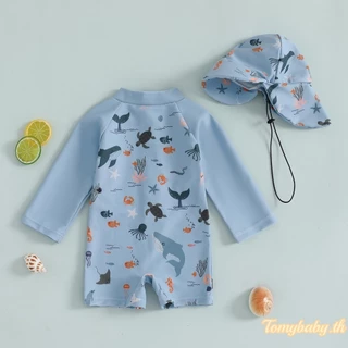 Tomybaby-ชุดว่ายน้ำเด็กชายแขนยาวลายสัตว์ทะเลลำลองพร้อมซิป + หมวก