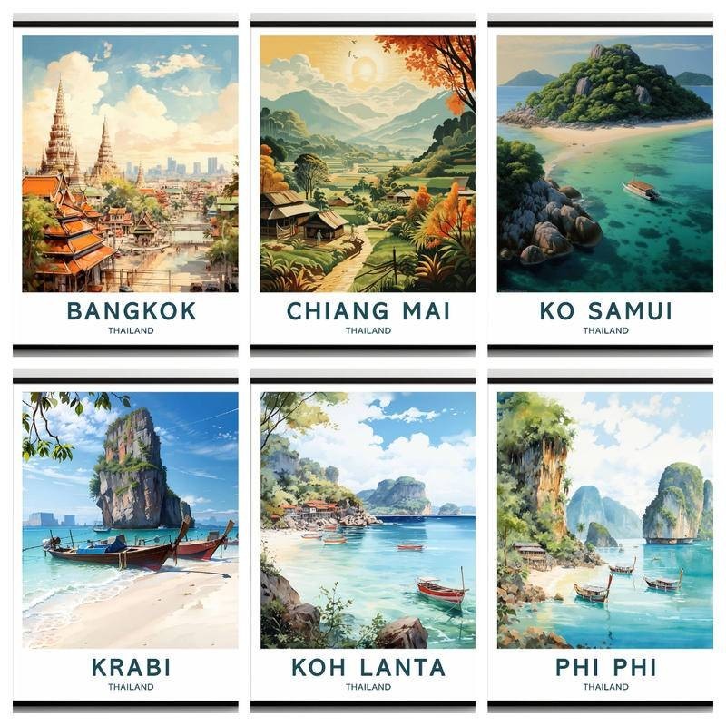 โปสเตอร์ภาพวาดผ้าใบ รูปเมืองกรุงเทพมหานคร เชียงใหม่ โกซามุย โคห์ แลนตา กระบี่ พัทยา ฟิลิปปินส์ ภูเก็ต สําหรับตกแต่งผนังบ้าน ห้องนอน ของที่ระลึก