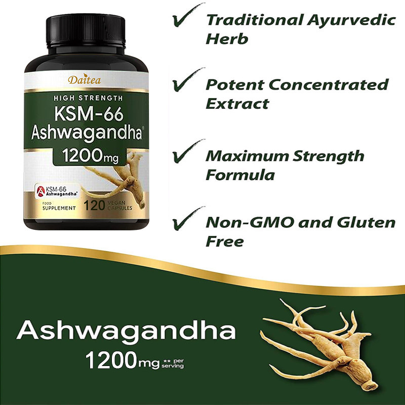 Ashwagandha แคปซูล 1200 มก. พร้อมสารสกัดจาก Ashwagandha KSM-66-120 แคปซูลมังสวิรัติ - บรรเทาความวิตกกังวล, อาหารเสริมบรรเทาความเครียด