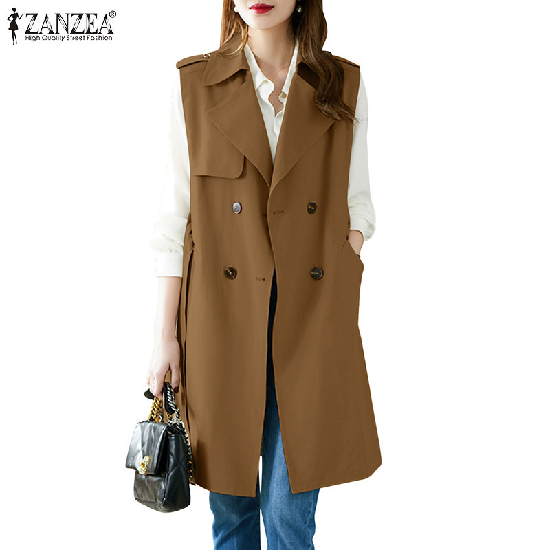 Zanzea เสื้อเบลเซอร์ แขนกุด ทรงหลวม มีกระเป๋าเข็มขัด สีพื้น แฟชั่นเกาหลี สําหรับผู้หญิง