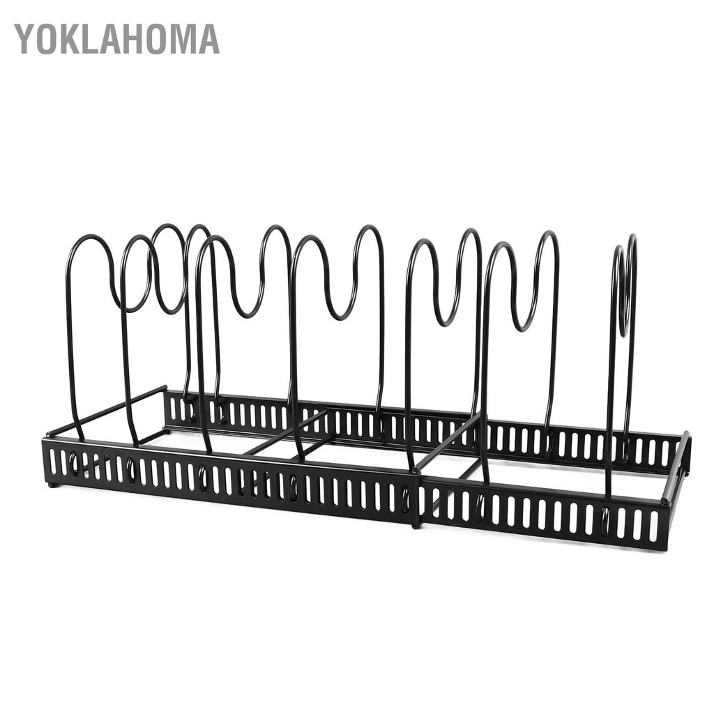 YOklahoma ชั้นวางหม้อและกระทะที่ขยายได้พร้อมช่องปรับได้ 7 ช่อง ชั้นวางกระทะและฝาปิดแบบขยายได้สำหรับการจัดเก็บห้องครัว