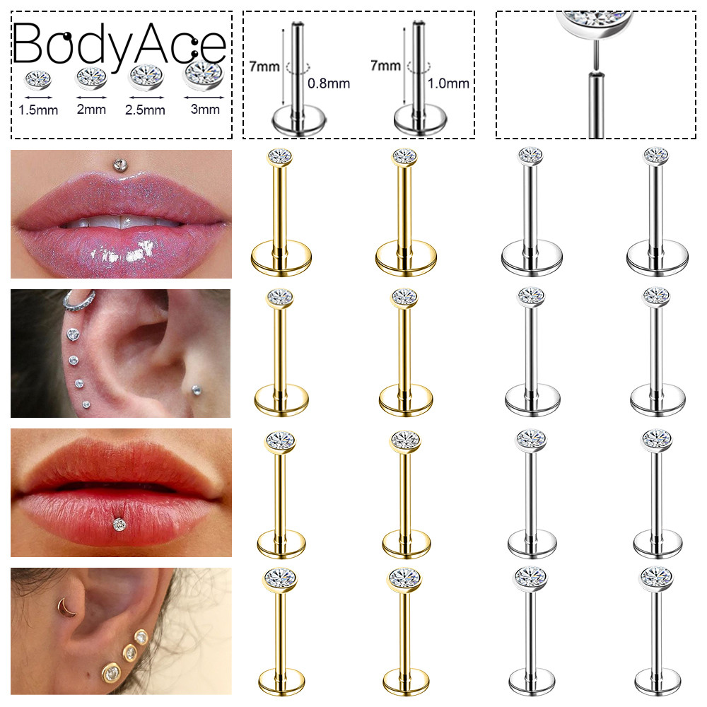 Bodyace จิวเจาะหู สเตนเลส 1.5 2 2.5 3 มม. ประดับเพทาย สีเงิน สีทอง 1 ชิ้น