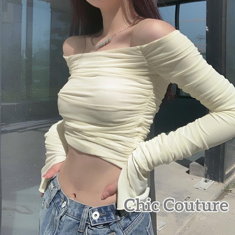 【ส่งจากไทย】​เสื้อยืดผู้หญิงเปิดไหล่ผู้ใหญ่ Ruched สีทึบแขนบานตาข่ายเสื้อครอป