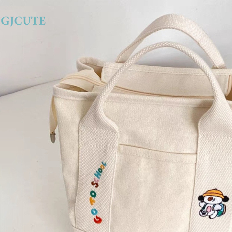 Gjcute กระเป๋าถือ กระเป๋าช้อปปิ้ง ผ้าแคนวาส สีพื้น สําหรับผู้หญิง WTD