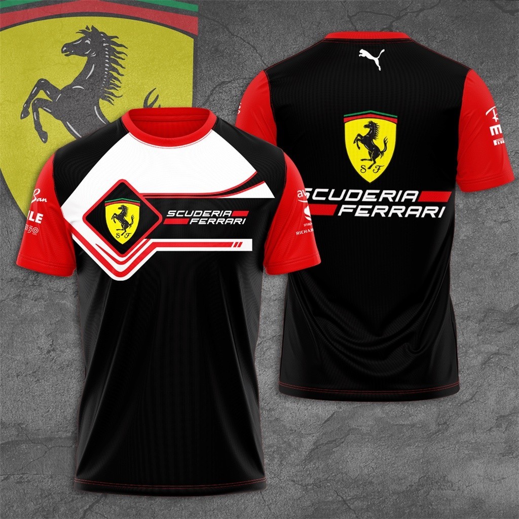 ใหม่ เสื้อยืดแขนสั้น พิมพ์ลายทีมแข่งรถ F1 Scuderia Ferrari แฟชั่นฤดูร้อน สําหรับเด็กผู้ชาย 2024