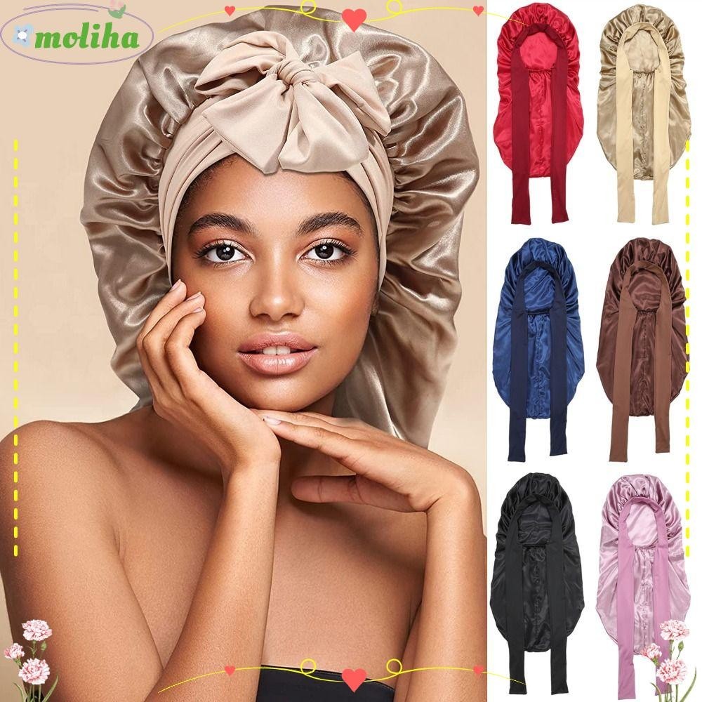 Moliha หมวกคลุมผม ผ้าซาติน ผ้าไหมเทียม ปรับได้ สําหรับนอน พิธีดูแลเส้นผม