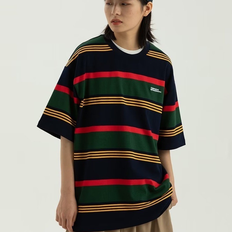 เสื้อยืดคอกลม แขนสามส่วน ทรงหลวม ลายทาง อินเทรนด์ สําหรับผู้ชาย