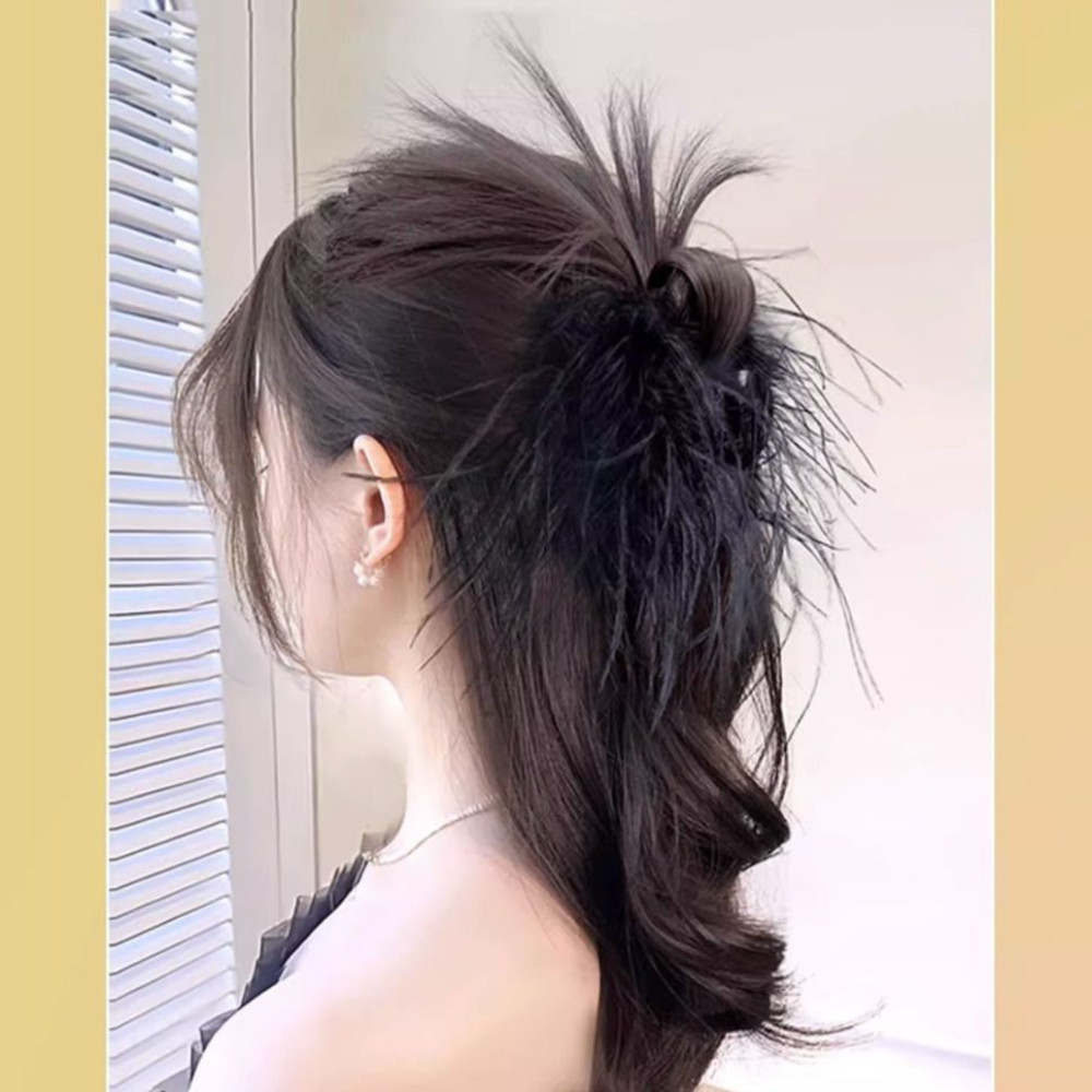 Oceanmapdz Messy Chignon, กิ๊บติดผมขนนก, กิ๊บติดผมเด็กผู้หญิง, ปลอม พร้อมคลิปก้ามปู ธรรมชาติ สไตล์เกาหลี สังเคราะห์ ผมซาลาเปา ผู้หญิง