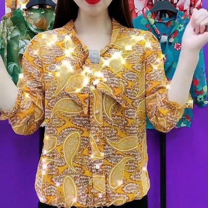 เสื้อเชิ้ต ผ้าชีฟอง พิมพ์ลาย ทรงหลวม มีสไตล์ แฟชั่นสําหรับผู้หญิงวัยกลางคน