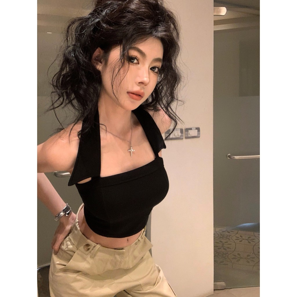 Kii Wii ฤดูรอนใหมFlip Collar เปิดกลับแขวนคอ Slim Fit เสือกลามสั นผูหญิง 240321