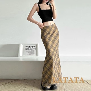 (จัดส่งในกรุงเทพฯ)Latata- กระโปรงยาว เอวสูง ลายสก็อต สไตล์วินเทจ สําหรับผู้หญิง