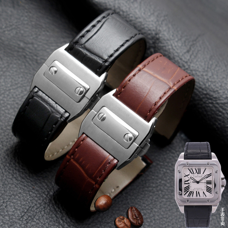 20 มม.23 มม.สายนาฬิกาหนังแท้สําหรับ Cartier Santos 100 W20106x8 W20073X8 ผู้ชายผู้หญิงพับหัวเข็มขัดสายนาฬิกา