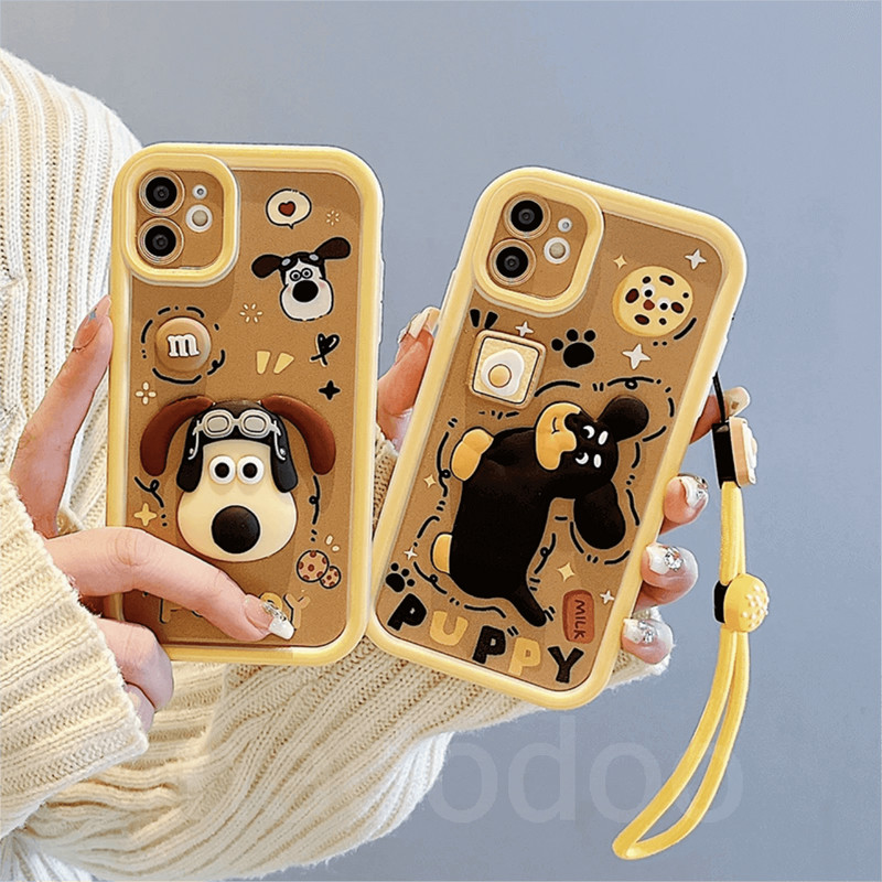 เคส OPPO A12 A7 A5S A11K A9 A5 2020 F9 F11 Pro A3S A12E A83 A1 Realme C1 2 Thick Edge Anti-drop Fine Hole Lens Protection Couple Silicone Soft Phone Case Handmade Doll Cartoon Dog Yellow Lanyard Airbag Back Cover 1JT 27