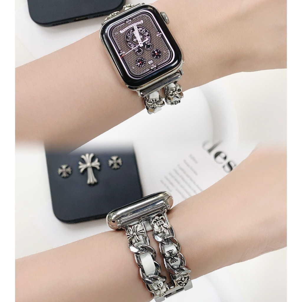 สายนาฬิกาข้อมือ สายหนังโลหะ สองแถว สําหรับ Apple Watch 45678 Generation S8 Chanel
