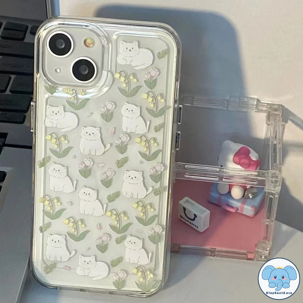 การ์ตูนน่ารักลูกแมวน้อยแมวสีขาวดอกไม้น่ารักกรณีโปร่งใส iPhone 15 11 14 7 8 Plus 13 12 Pro Max 15 X XR XS Max SE