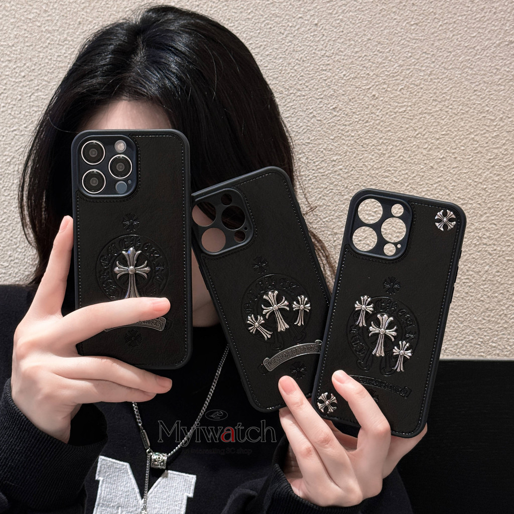 ใหม่ 3D โลหะ Cross Label หนังสําหรับ iPhone 17 16 15 14 13 12 11 Pro Max X XS XR XSMAX 14 15 16 Plus ครอบคลุมเต็มรูปแบบการออกแบบ Anti Fall ฝาครอบ