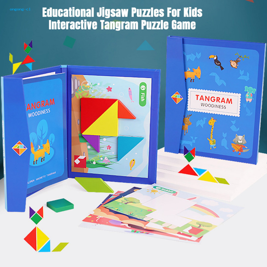 Ongong หนังสือไม้ปริศนา รูปแทนแกรมแม่เหล็ก สีสันสดใส ของเล่นเสริมการเรียนรู้ สําหรับเด็กผู้ชาย และเด็กผู้หญิง