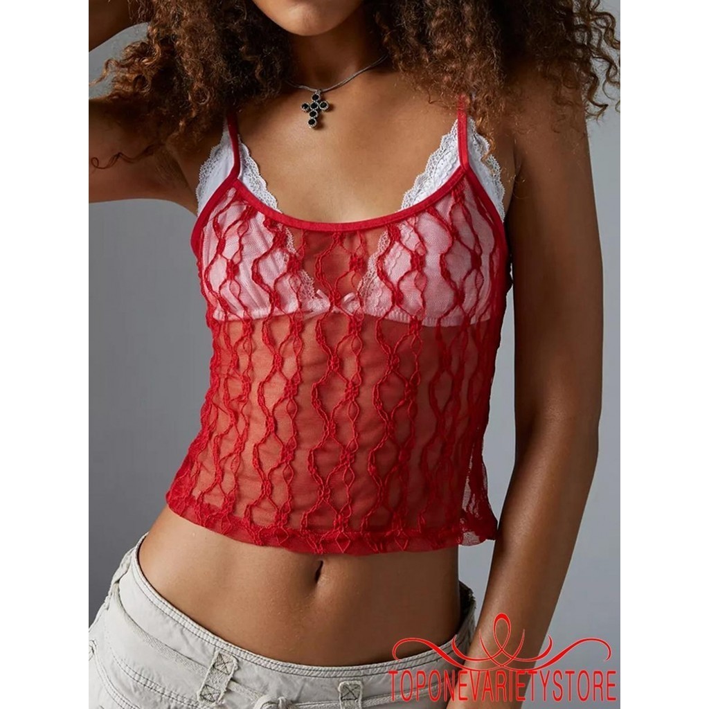 Topone-women Sheer Mesh Cami Tops เย็บปักถักร้อยลูกไม้ดูผ่านเสื้อครอปแขนกุด