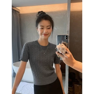 GAKKI เสื้อสเวตเตอร์แขนสั้น เสื้อยืดผู้หญิงแฟชั่น คอกลม 1971#