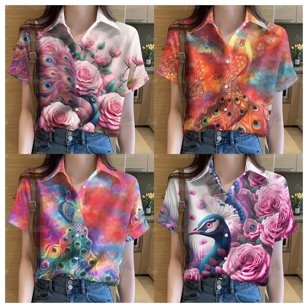 (🔥มีสินค้า จัดส่งภายใน 24 ชั่วโมง🔥) เสื้อฮาวายสตรีทันสมัย2567 เสื้อลายนกยูง สไตล์รีสอร์ทลำลองทุกวัน เสื้อยืดฤดูร้อนทรงหลวมและระบายอากาศได้ดี