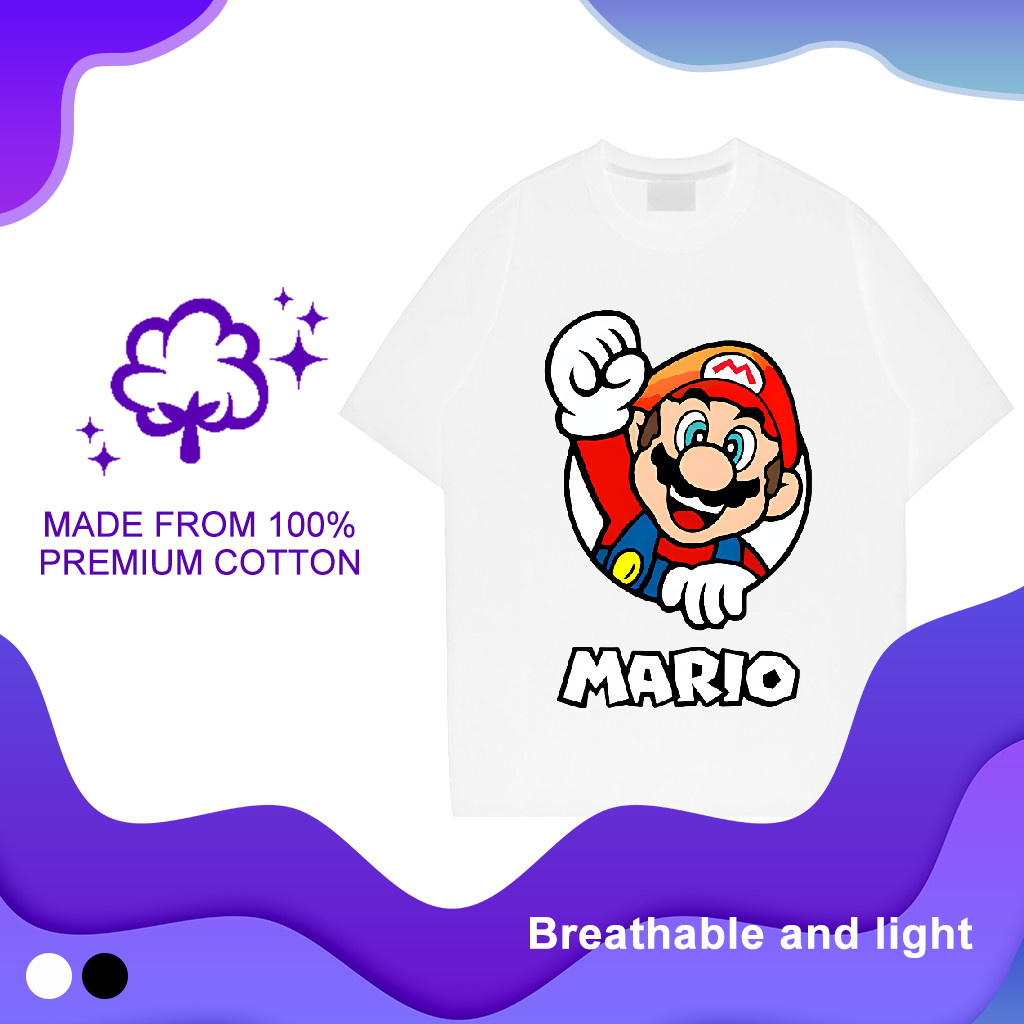 Mario การพิมพ์ ผ้าฝ้ายยืดหยุ่น คอกลม ฤดูร้อน oversize เสื้อยืด