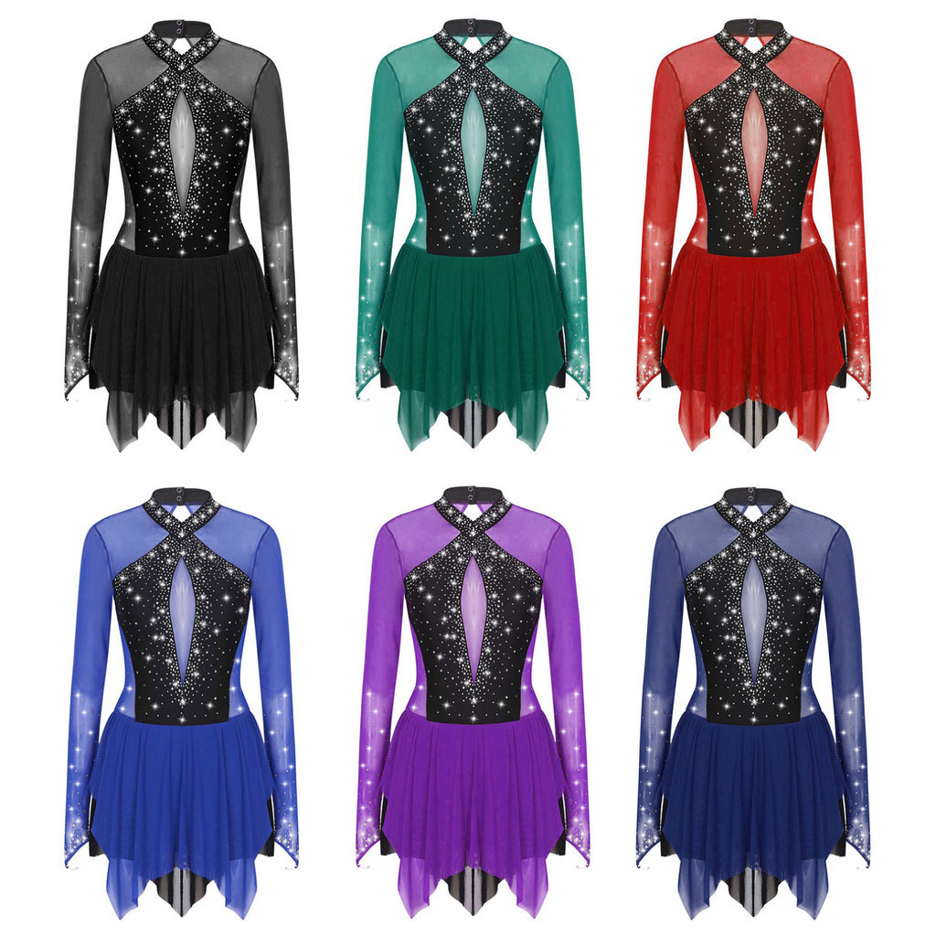 Yeahdor Womens Sparkle Rhinestone Dance Dress Irregular Hem Keyhole Back เดรสแขนยาว