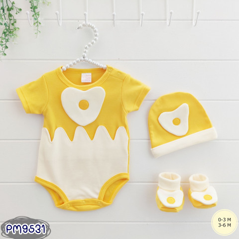 ชุดเด็ก บอดี้สูท(Bodysuit) ลายไข่ดาว + หมวก + ถุงเท้า
