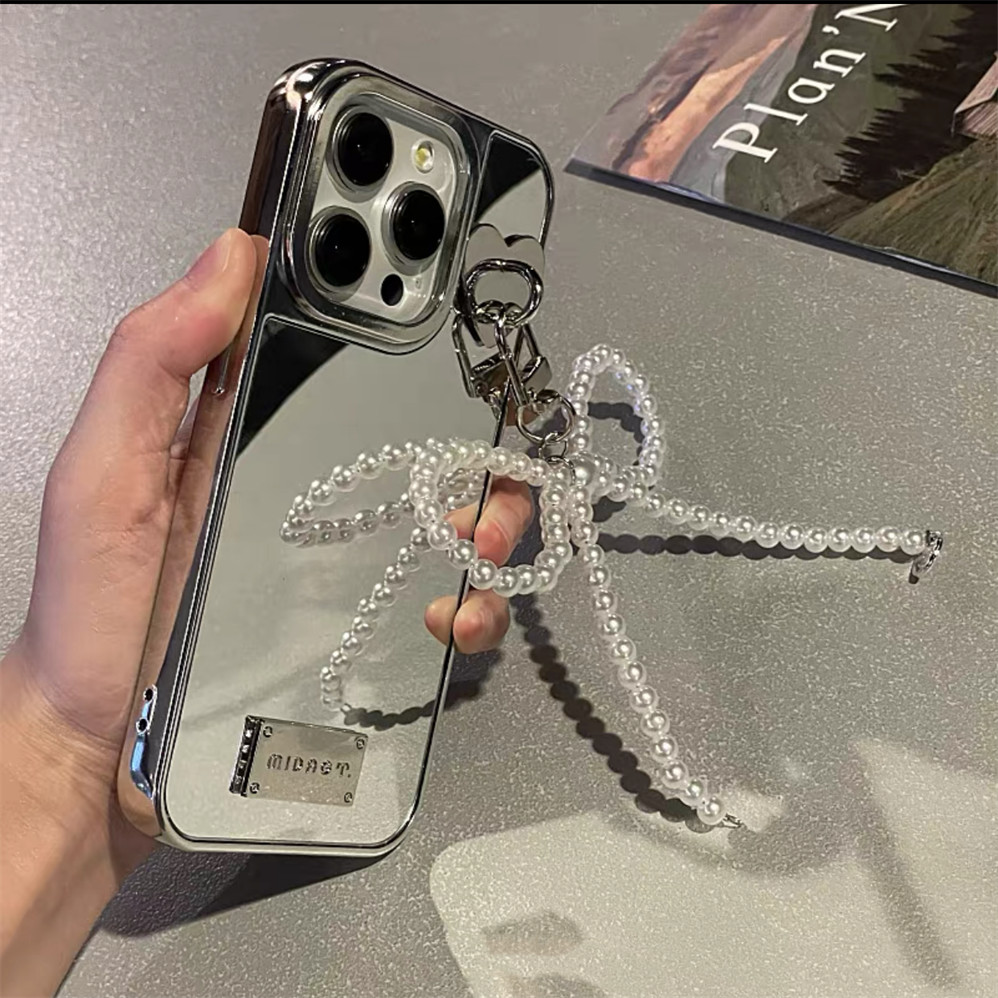 เคสโทรศัพท์มือถือแบบแข็ง กันกระแทก กันรอยกล้อง แต่งจี้ไข่มุก พร้อมกระจก หรูหรา สําหรับ iPhone15 14 13 12 11 Pro Max