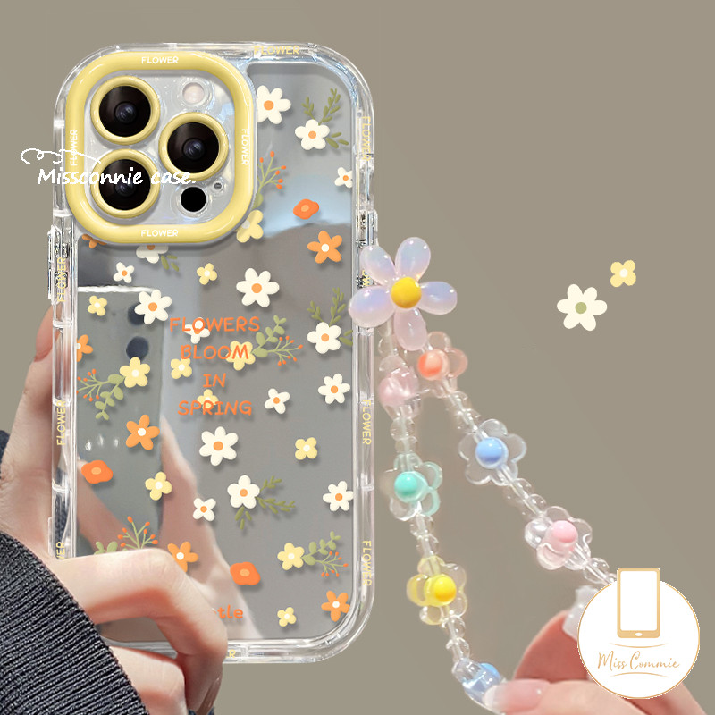 การ์ตูนดอกไม้โรแมนติกหรูหรา Make Up กระจกปลอกสําหรับ IPhone 11 16 14 12 15 13 Pro Max X XS Max XR 8 15 7 Plus SE แฟชั่นดอกไม้สดพืชสร้อยข้อมือกรณี