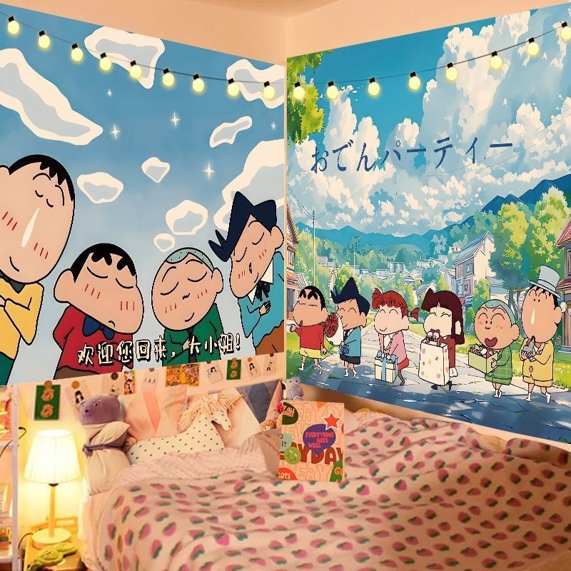 ผ้าพื้นหลังการ์ตูน Crayon Shin-chan ผ้าแขวน ผ้าตกแต่งห้องนอนน่ารัก ผ้าคลุมเตียง ผ้าคลุมผนังห้องเช่า