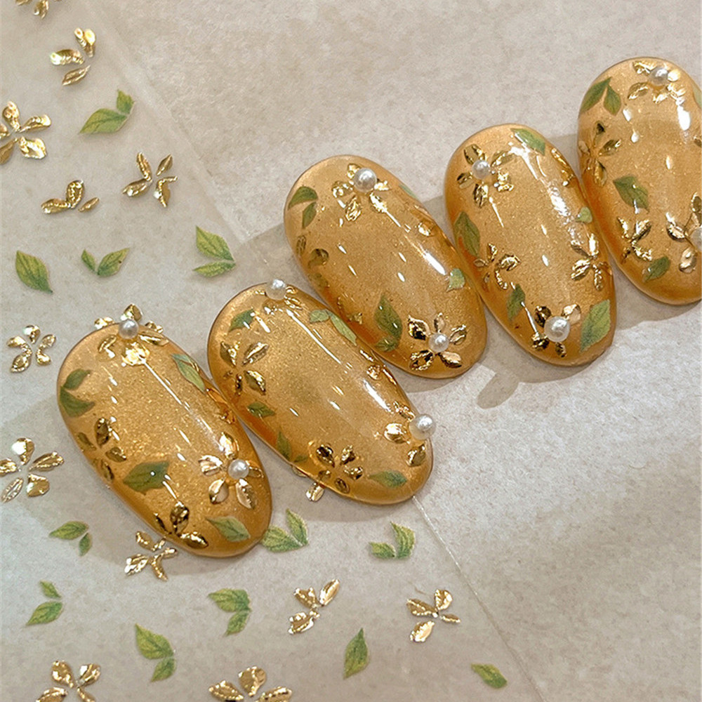 ทอง-ปั๊มสามมิติห้ากลีบดอกไม้เล็บสติ๊กเกอร์สีเขียวใบและดอกไม้ตกแต่งเล็บสติ๊กเกอร์