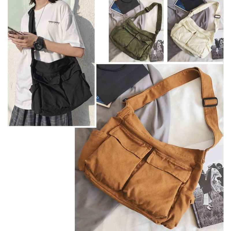 2025 ใหม่ Commuter Messenger กระเป๋าผ้าใบกระเป๋าถือลําลองขนาดใหญ่ความจุบุคลิกภาพ Simple Elegant อเนกประสงค์นักเรียน Retro กระเป๋านักเรียน