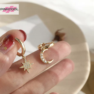 Pinkcool 1 คู่ แฟชั่น ดาว ดวงจันทร์ ไม่สมมาตร ห่วง ต่างหู สําหรับผู้หญิง เด็กผู้หญิง สีทอง สีเงิน ปาร์ตี้ เครื่องประดับ ของขวัญ ขายดี
