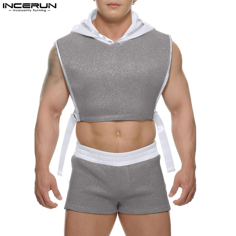 Incerun ชุดเสื้อแขนกุดลําลอง แต่งกลิตเตอร์ สไตล์วินเทจ แฟชั่นสําหรับผู้ชาย สองชิ้น