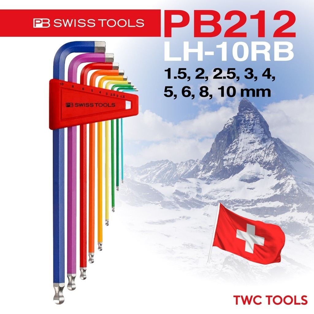 PB Swiss Tools ประแจหกเหลี่ยมนิ้ว หัวบอล สีรุ้ง รุ่น PB 214Z.H-12RB 12 ชิ้น 1/20 - 5/16นิ้ว Swiss Ma