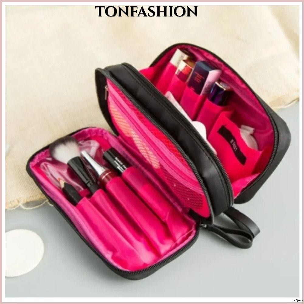 Tonfashion กระเป๋าเครื่องสําอาง ผ้าไนล่อน มีซิป ขนาดเล็ก สีดํา แฟชั่นสําหรับผู้หญิง