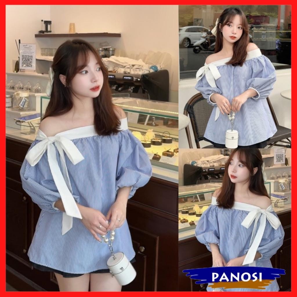 เดรสปาดไหล่เลดี้สวยๆมีโบว์และแขนพองเสื้อเชิ้ตผู้หญิงที่น่ารักมีระดับ A696 PANOSI