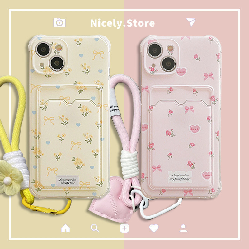 ดอกไม้เกาหลีดอกไม้หัวใจรักสายรัดข้อมือบัตรกระเป๋าเคสโทรศัพท์เข้ากันได้สําหรับ ไอโฟน 16 15 14 13 12 มือโปร สูงสุด 11 ครอบคลุมเต็มรูปแบบปกหลัง ทีพียู ปลอกโ