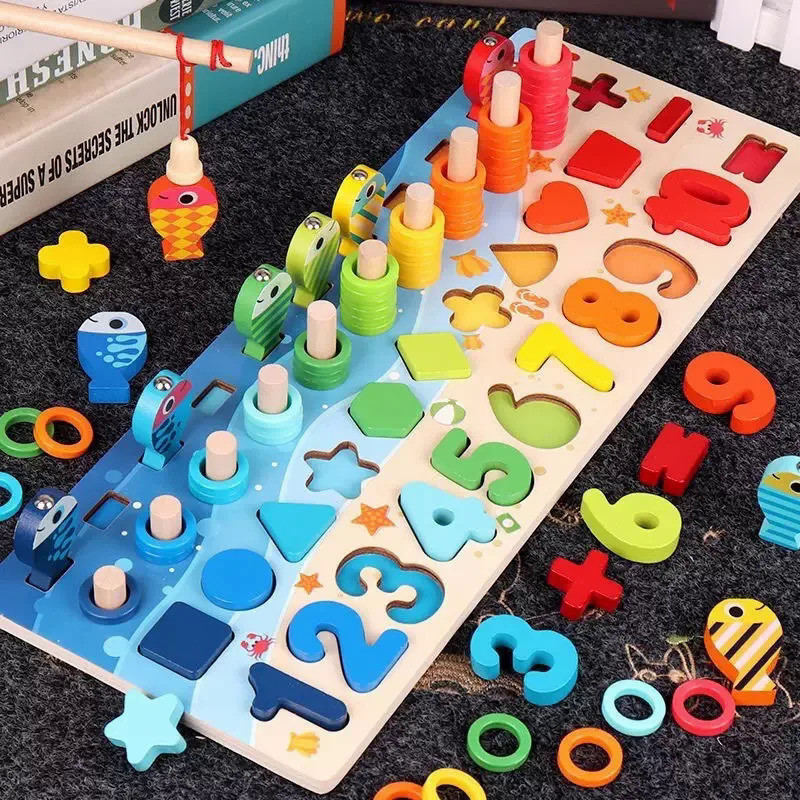Kids Montessori Math Toys For Toddlers Educational Wooden Puzzle Fishing Toys Number Shape Matching 