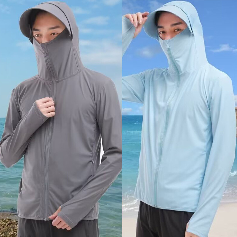 MANSTR เสื้อแจ็กเก็ต ผ้าเรยอน มีฮู้ด มีซิป ป้องกันรังสียูวี น้ําหนักเบา กันน้ํา สีฟ้า สีเทา สีขาว สําหรับกลางแจ้ง