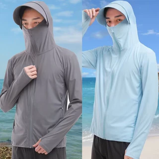 MANSTR เสื้อแจ็กเก็ต ผ้าเรยอน มีฮู้ด มีซิป ป้องกันรังสียูวี น้ําหนักเบา กันน้ํา สีฟ้า สีเทา สีขาว สําหรับกลางแจ้ง