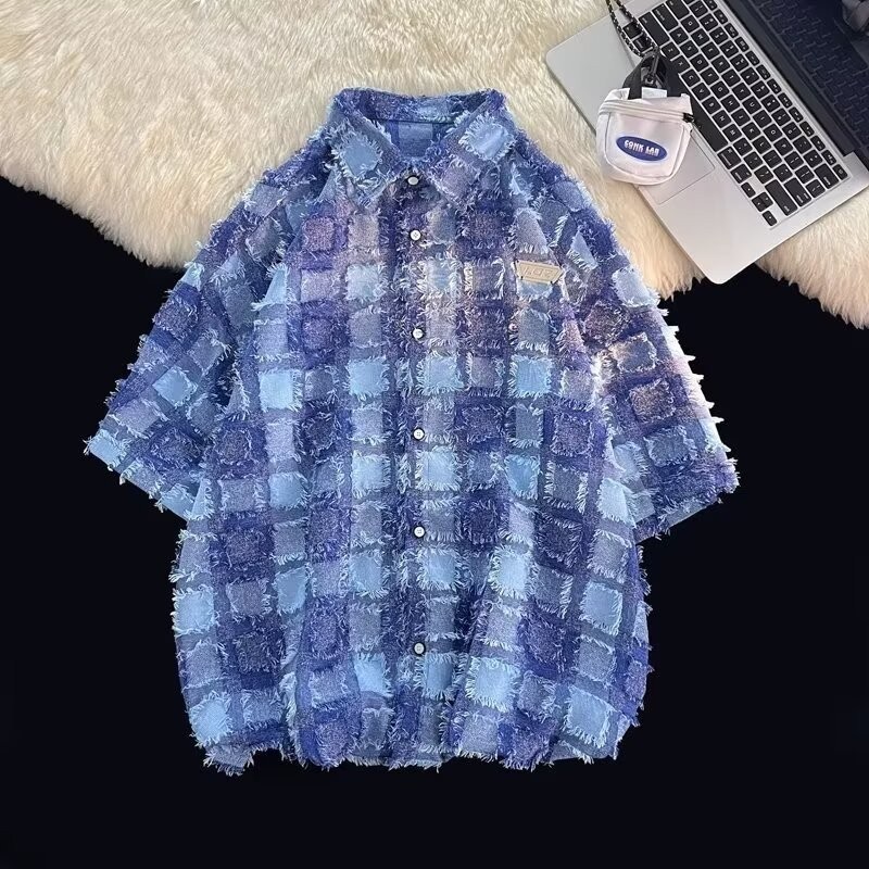 เสื้อยืดแขนสั้น คอปก ทรงหลวม ขนาดใหญ่ ลายสก๊อต แฟชั่นฤดูร้อน สําหรับผู้ชาย
