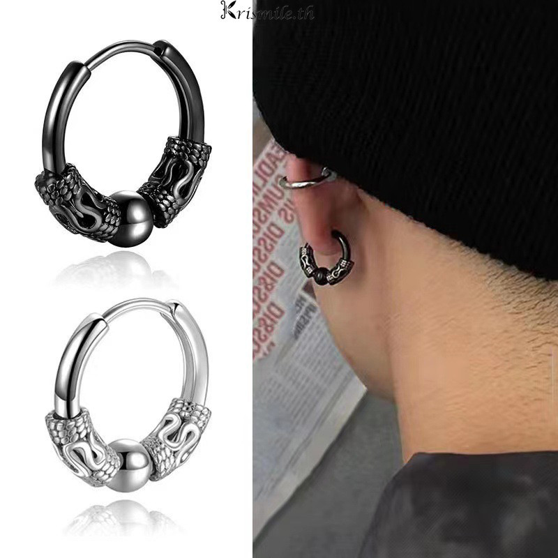 COD-ในไทย💖ต่างหูสแตนเลสแฟชั่นต่างหู Dragon Grain Earrings ครอบงำบุคลิกภาพหูเข็มกลัดสำหรับผู้ชาย-Kri