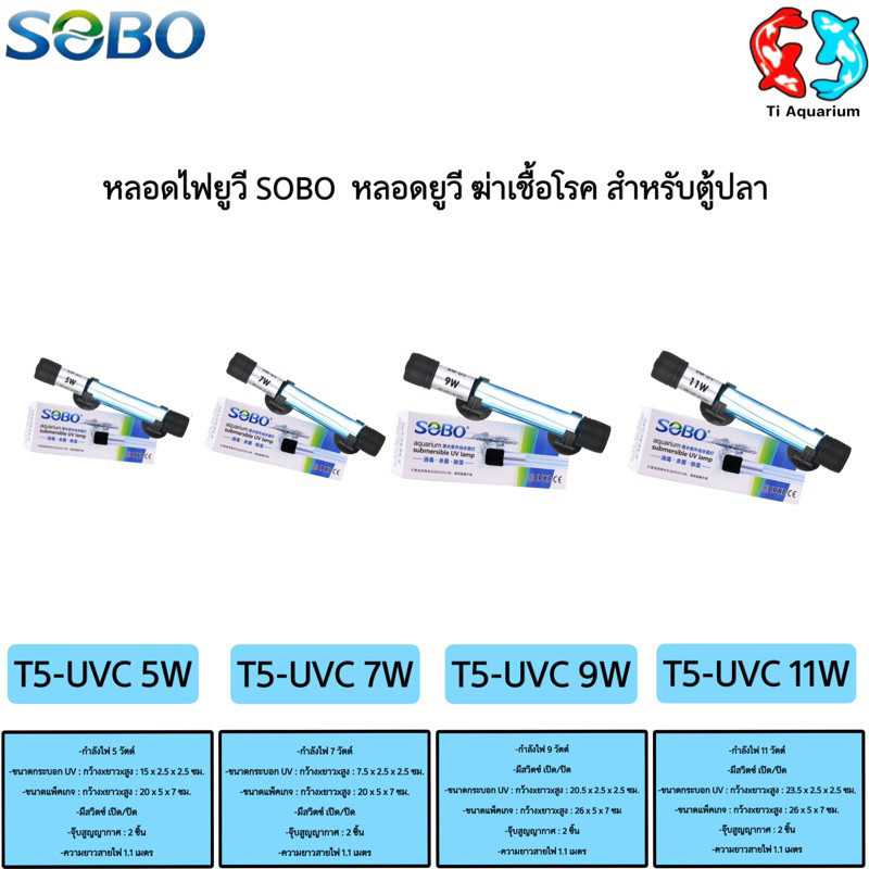 SOBO UV หลอดยูวี ฆ่าเชื้อโรค กำจัดตะไคร่เขียว ในตู้ปลา บ่อปลา ขนาด5w/7w/9w/11w