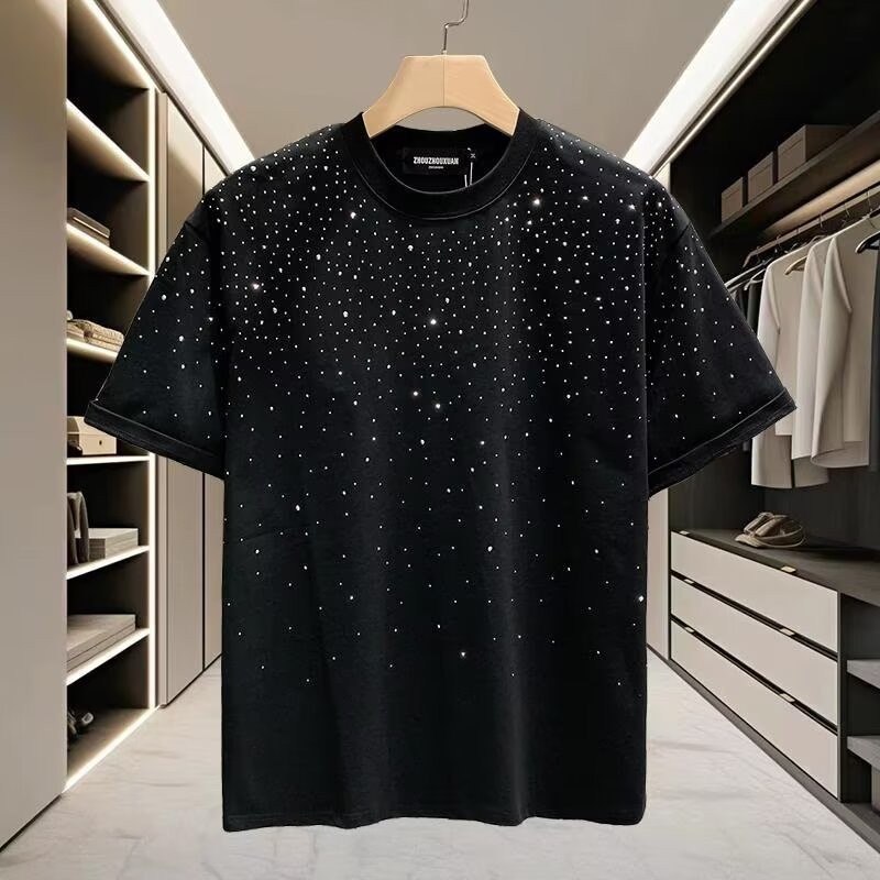 แฟชั่น Street Wear Hot Diamond Craft แขนสั้นผู้ชายฤดูร้อนแขนสั้นเสื้อยืด Gypsophila All-Match Bottoming เสื้อ M @