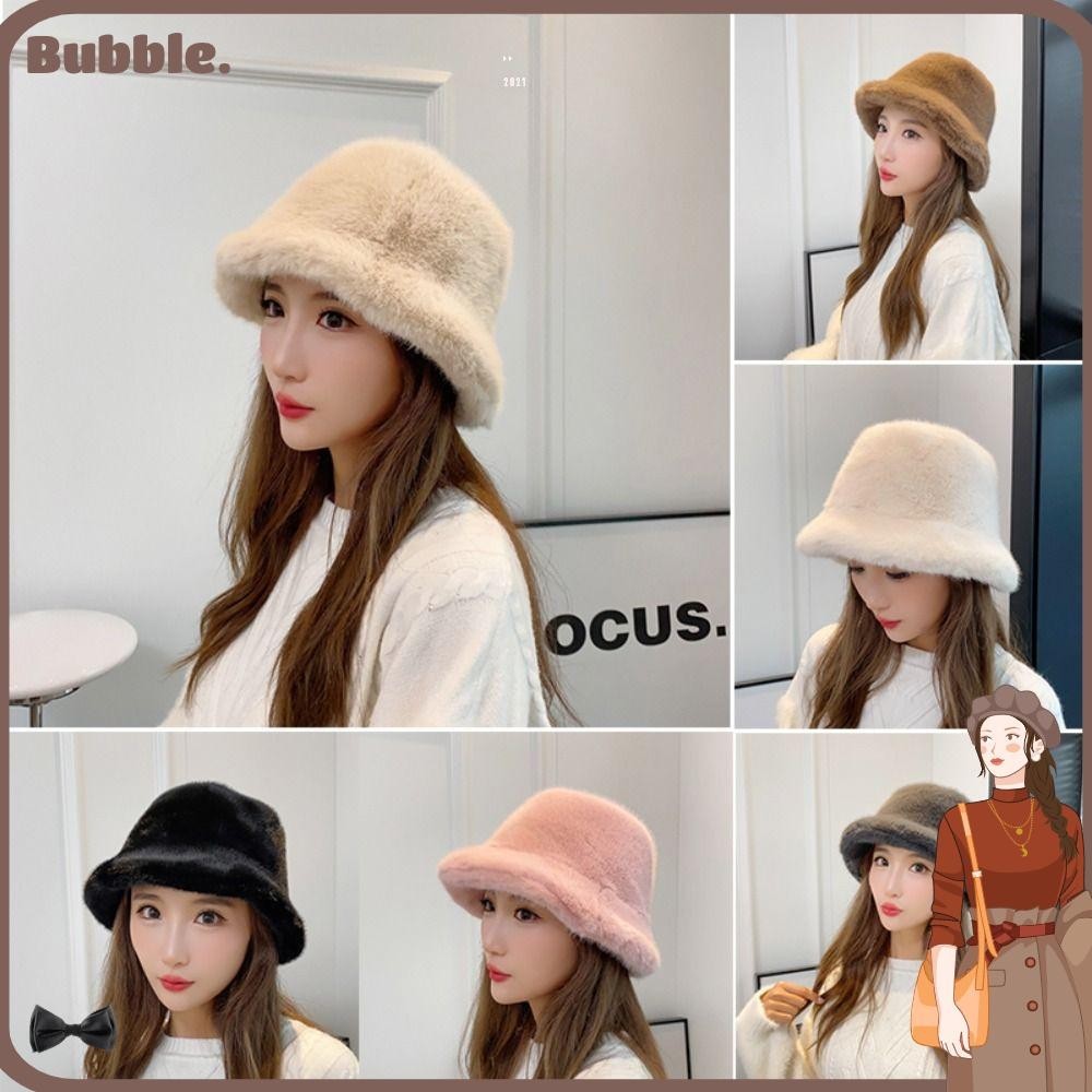 Bubble หมวกบักเก็ต ผ้ากํามะหยี่ขนนิ่ม แบบหนา สีพื้น สไตล์ชาวประมง แฟชั่นฤดูใบไม้ร่วง ฤดูหนาว สําหรับผู้หญิง