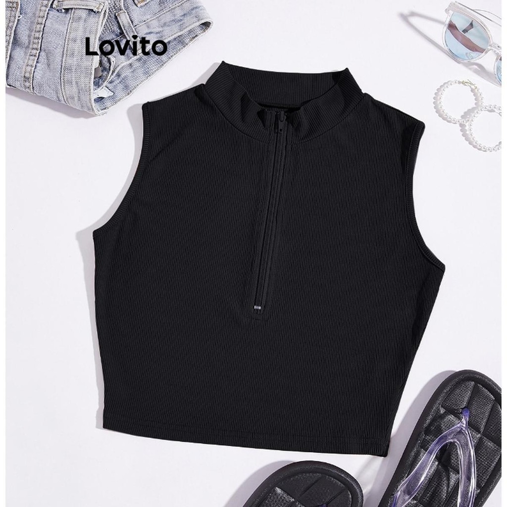 Lovito เสื้อแขนกุดผู้หญิง มีซิป สีพื้น สไตล์ลำลอง LSE01096