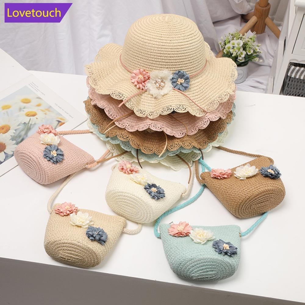 Lovetouch หมวกฟางสาน กันแดด ลายดอกไม้ ขนาดใหญ่ แบบพกพา หลากสี สําหรับเด็กผู้หญิง E4S8