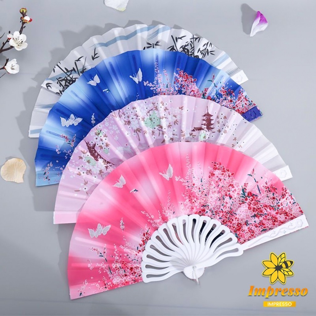 Impresso พัดแบบพับได้สไตล์จีนขนาด 23cm ลายดอกไม้ สไตล์เรโทร Hand Fans - รูปที่ 2
