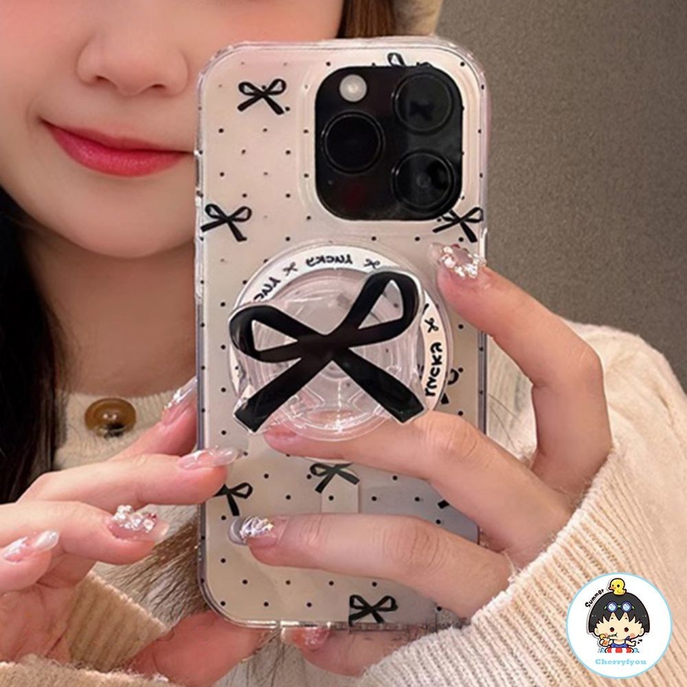 เคสโทรศัพท์มือถือ TPU นิ่ม กันกระแทก ปิดด้านหลัง แบบเต็มเครื่อง ประดับโบว์ ริบบิ้น พร้อมขาตั้งแม่เหล็ก แฟชั่น สําหรับ IPhone 11 15 14 13 12 Pro Max X XR 8 7 Plus